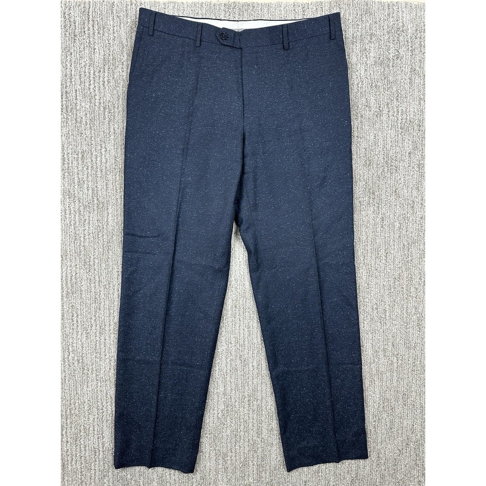 Canali Pants Mens 34x32 Blue Fleck Wool Silk Blend Flat Front Trousers Italy